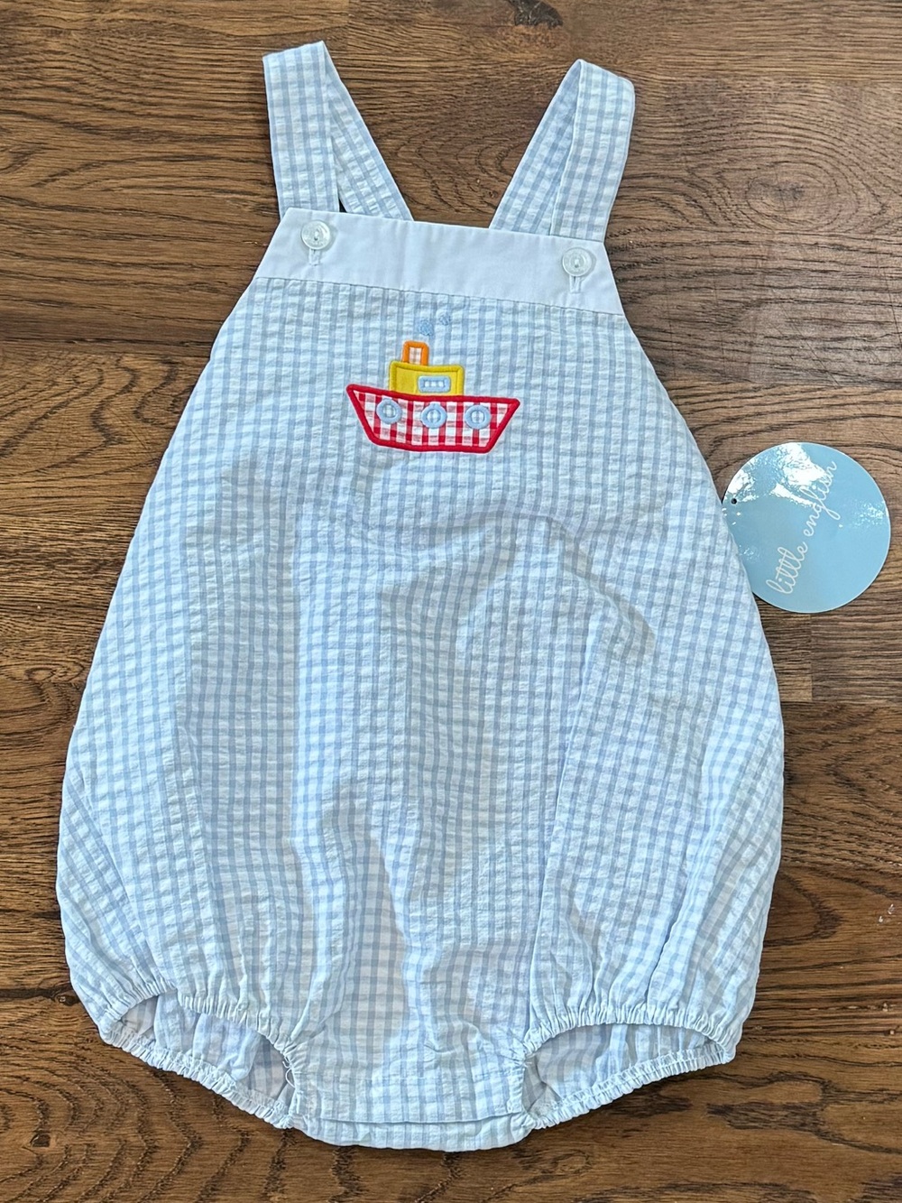 Little English Tugboat Bubble Romper Light Blue Gingham